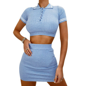 2020 Sexy V-neck Exposed Navel Women Set Solid Button Bodycon 2 Piece Set Ladies Short Sleeve Top And Skirt Summer Autumn Sets