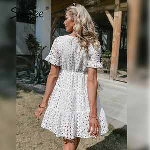 Simplee Sexy v-neck lace stitching white dress 2021 summer new Short-sleeve solid women dress casual Fashion boho A-line dress