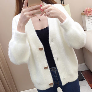 Knitted V-neck Bubble Sleeve Single-breasted Casual Short Sweater