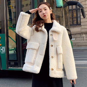 дубленка женская Korean Fashion Thick Wool Jacket 2021 Warm Women&#39;s Winter Sheepskin Coat One Piece Fur Coats All-Match Traf
