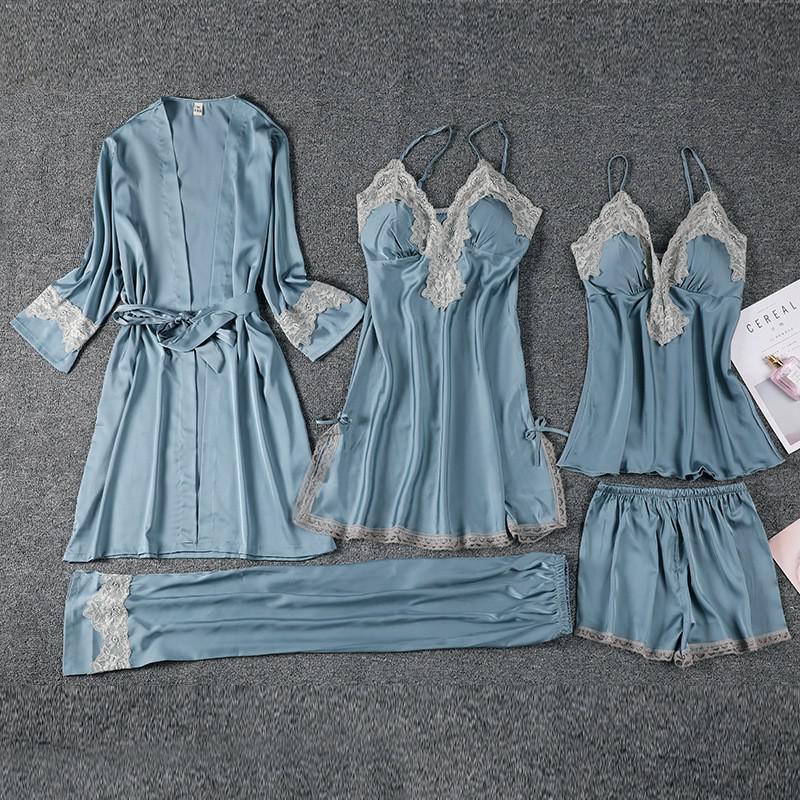 Ladies Sweet Lace Trim 5PCS Satin Pajamas Suit Sexy V-Neck Strap Night Dress Spring Autumn Bathrobe With Bra Sleepwear Homewear