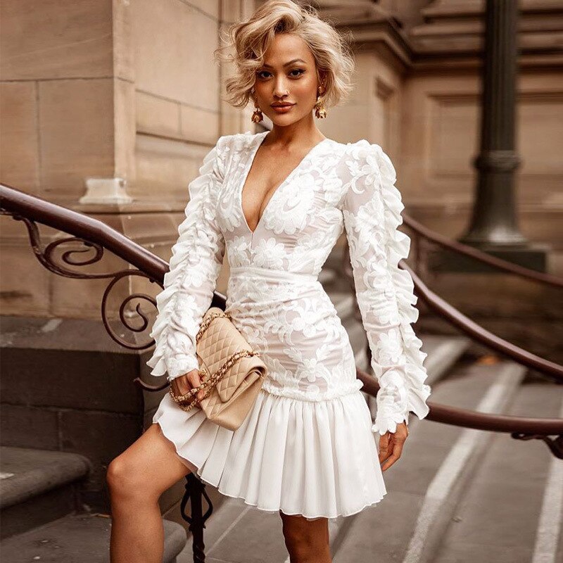 Brand Women Elegant Lace Chiffon Dress Sexy V Neck Puff Long Sleeve White Mesh Embroidery Dress Pleated A Line Slim Mini Dresses Brand Women Elegant Lace Chiffon Dress Sexy V Neck Puff Long Sleeve White Mesh Embroidery Dress Pleated A Line Slim Mini Dresses