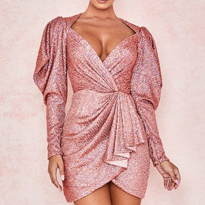 Rose Gold Holographic Sequined Wrap Dress