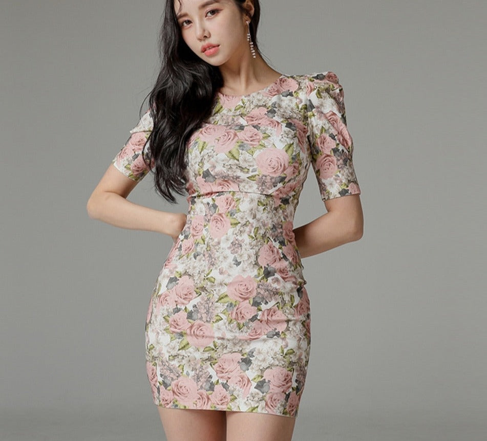 Floral Elegant Office Dress 2021 Summer Korean Style Mini Dress Simple Puff Sleeves High Waist Tight Party Dress Women