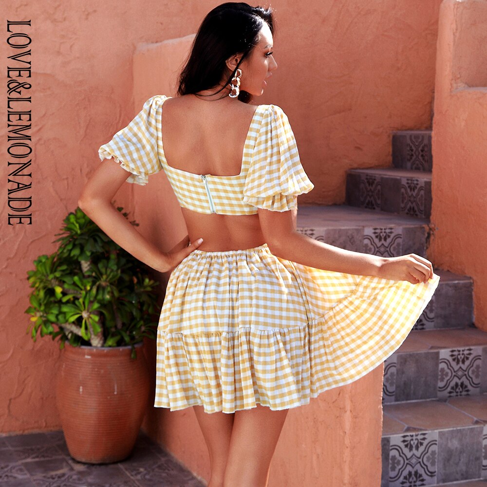 Yellow Lapel Waist Cut Out A-Line Bubble Short Sleeve Plaid Summer Beach Mini Dress LM83065-1