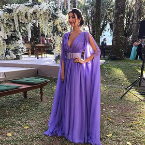 VAZN 2021 Hot High-end Chiffon Sweet Purple Off Shoulder Full Sleeve Deep V-Neck High Waist Women Ball Gown Maxi Dress