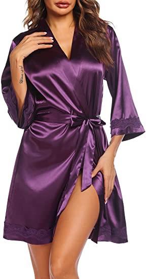 Hot Satin Robe for Women Sexy Lingerie Silk Bathrobe Short Kimono Sleepwear Deep V Bridesmaid Wedding Party Dress Gown Nightgown