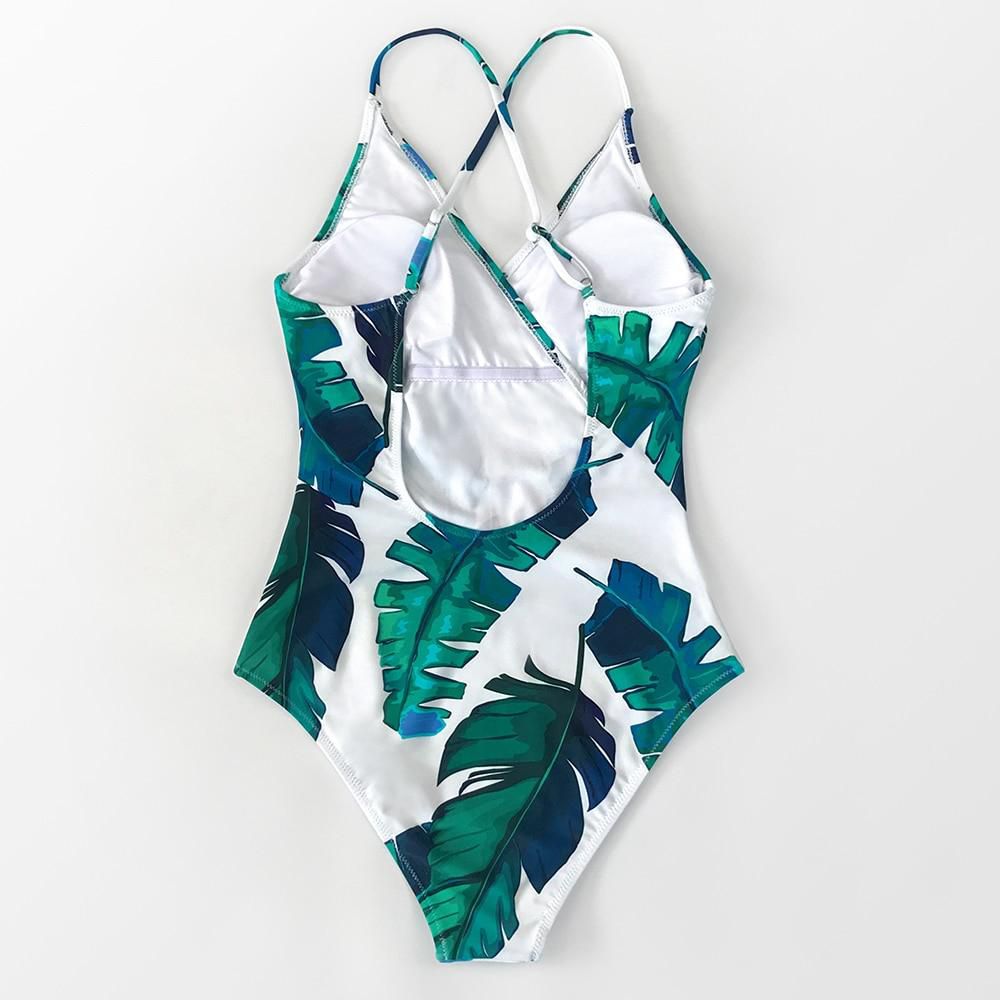 Green Leafy Print Lace Up One-Piece Swimsuit Sexy V-neck Backless Bathing Suit Swimwear