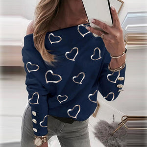 Sexy Off Shoulder Love Heart Print Ladies Blouse