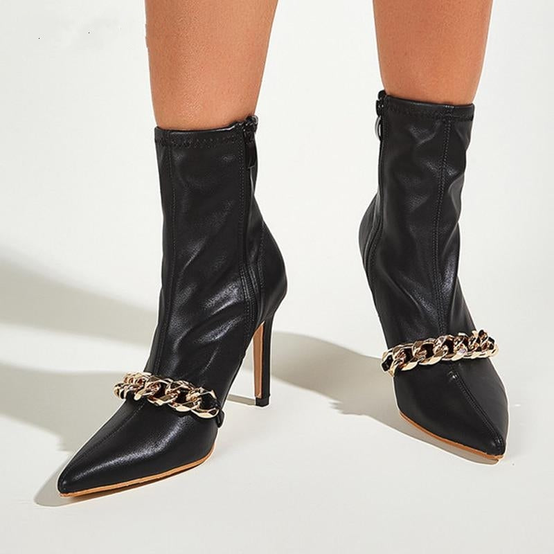 Black Ankle Zipper Short Boots Chain Thin High Heels