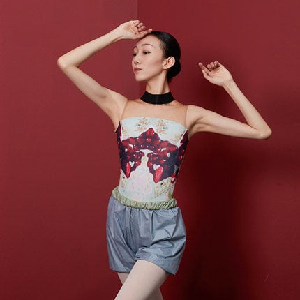 Ballet Leotards Practice Clothes High Collar Printing One-piece Gym Suit Female Adult Elegant Yoga Competition Costume