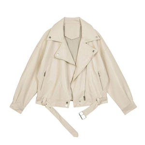 FTLZZ 2022 New Spring Women Pu Leather Motorcycle Jacket Female With Belt Solid Color Jackets Ladys Loose Casual Jacket