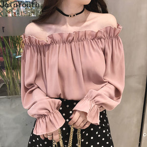 Ruffles Spring Flare Sleeve Solid Off Shoulder Blouses