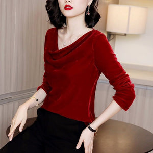 Pleated Collar Velour Long Sleeve Blouse