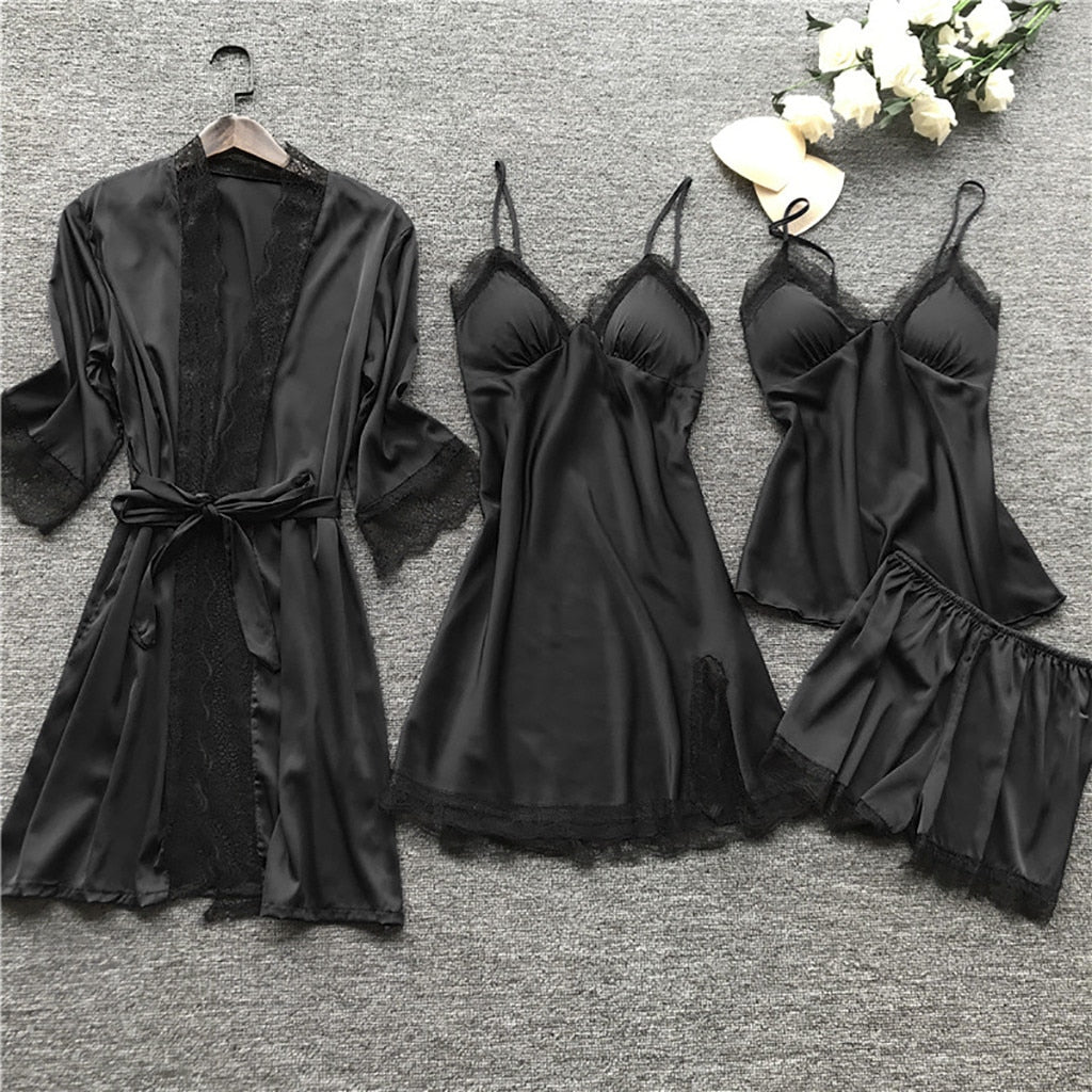 robe ensembles Women Pajamas Silk Lace Bathrobe Set Nightie Nightdress Pajamas Women Lingerie Sleepwear Babydoll robe de nuit