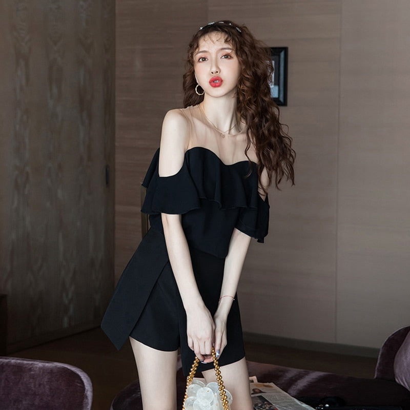 new arrival fashion set women summer casual black sexy perspective mesh stitching loose top and asymmetrical skirt two piece set