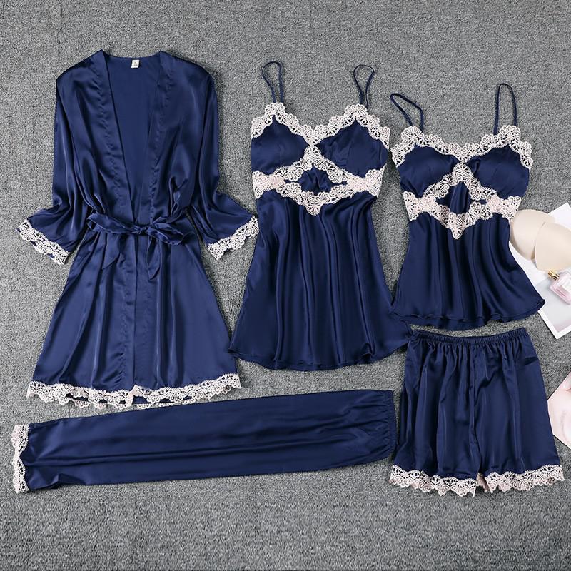 Ladies Sweet Lace Trim 5PCS Satin Pajamas Suit Sexy V-Neck Strap Night Dress Spring Autumn Bathrobe With Bra Sleepwear Homewear