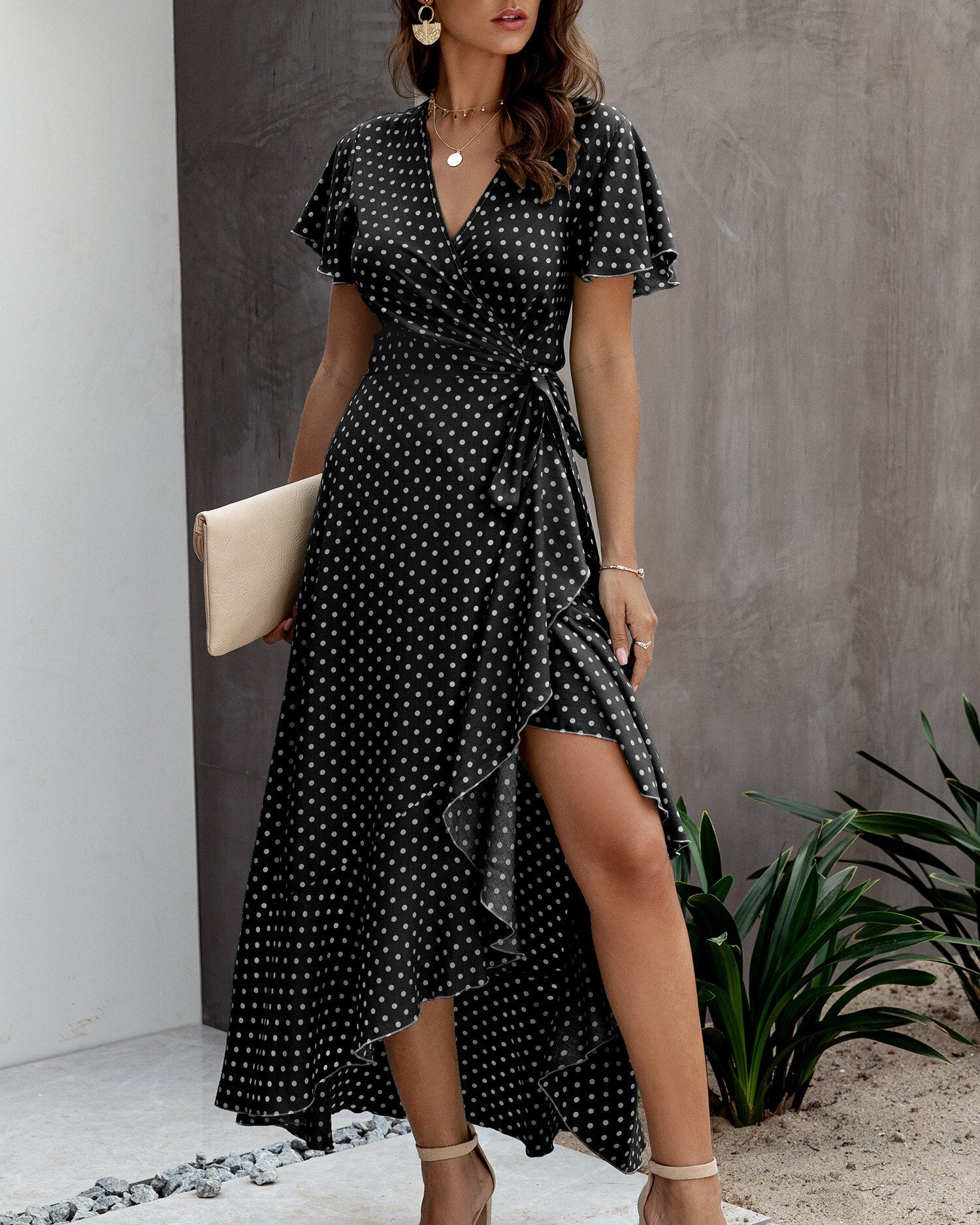 Summer Maxi Dress Women Polka Dot Sexy V Neck Ruffles Short Sleeve Holiday Long Beach Sundress Ladies Lace Up Wrap Party Dresses Black / L Summer Maxi Dress Women Polka Dot Sexy V Neck Ruffles Short Sleeve Holiday Long Beach Sundress Ladies Lace Up Wrap Party Dresses Black / L