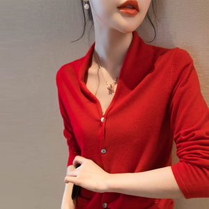 Simple V-neck Solid Color Long-Sleeved Wool Sweater