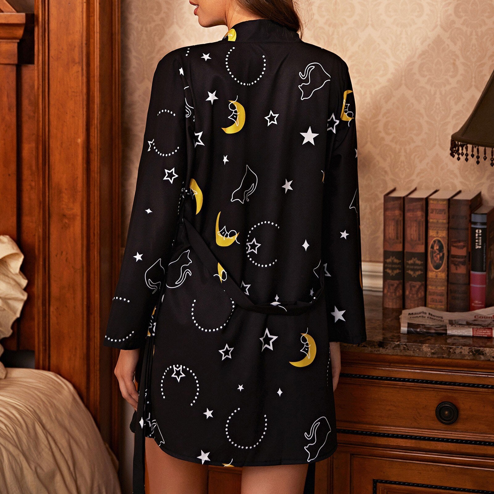 Women Ladies Pajamas Sexy Moon Print Bathrobes Satin Lace Bridesmaid Robe Long Nightgown Sleepwear Lingerie Night Dress Gowns