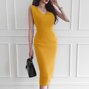 Brief Style Women Yellow V-neck with Slit Sleeveless Bodycon Formal Office Lady Work Dress Club Summer Brief Style Women Yellow V-neck with Slit Sleeveless Bodycon Formal Office Lady Work Dress Club Summer