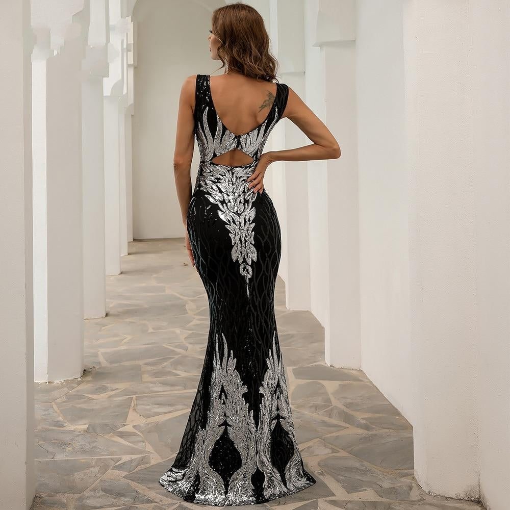 Sleeveless Sexy V Neck See Through Sequin Dress Long Prom Maxi Dress