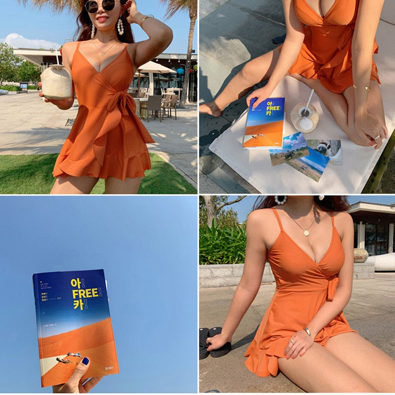 Push Up One Piece Swimsuit with Skirt