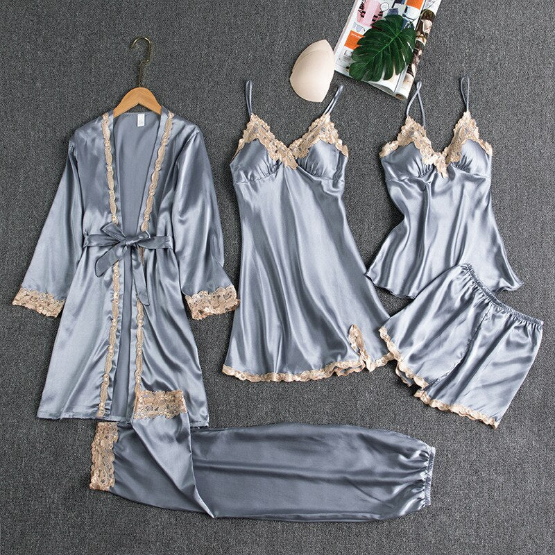 5 PCS Sexy Lace Women Nightwear Robe Dresses Summer Pajamas Sets Homewear Stain Silky Sleep Suit Bath Robes Night Gowns