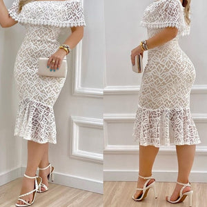 Women Solid Chic Off Shoulder Ruffle Hem Lace Hem Bodycon Sexy Formal Party Dress