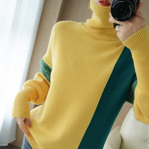 High-Neck Color Matching Pure Wool Pullover