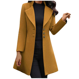 Women Long Sleeve Woolen Coat Lapel Solid Color Long Jacket Coat Korean Version New Fall Fashion Long Cardigan