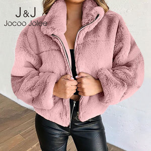Warm Women Oversized Jacket Solid Color Fleece Tops Cropped Female Overcoat Fluffy Faux Fur Teddy Blouse Harajuku Streetwear
