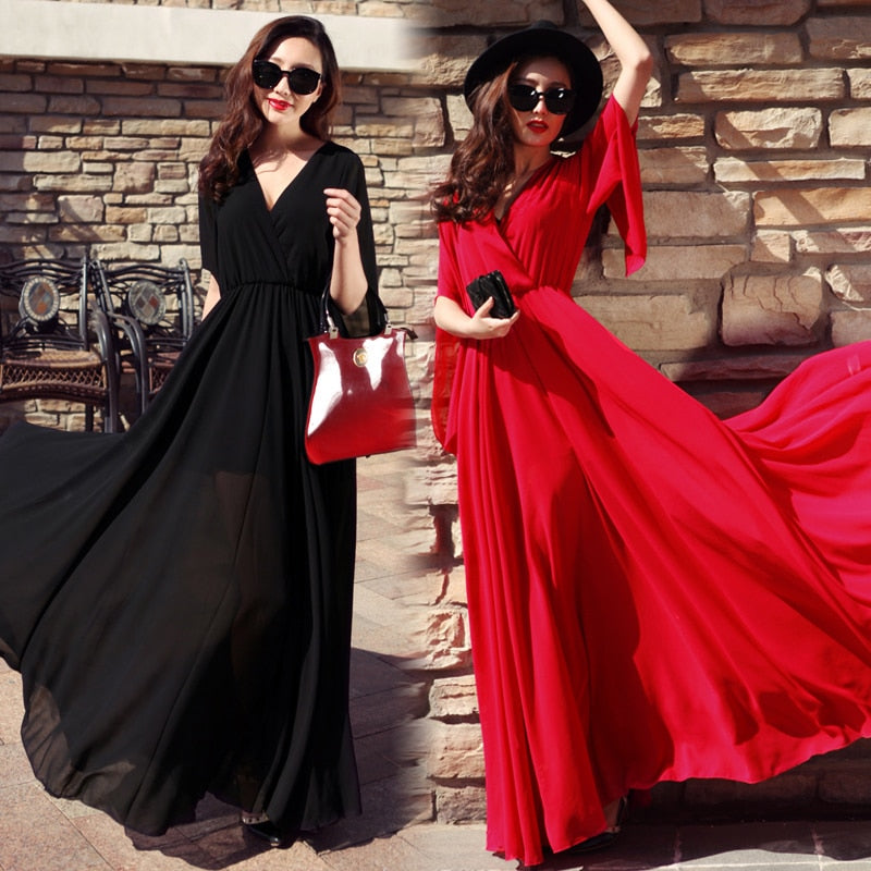 Women's Long Dress Summer V-Neck Half Sleeve Elastic High Waist  Party Maxi Dresses Casual Red Chiffon Beach Sundress Vestidos