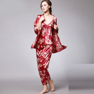 Women Silk Sexy Summer Lingerie Pijiama Satin Dragon Long Sleeve Pajamas Gown Korean Three Piece Pajama Sets Navy Sleepwear