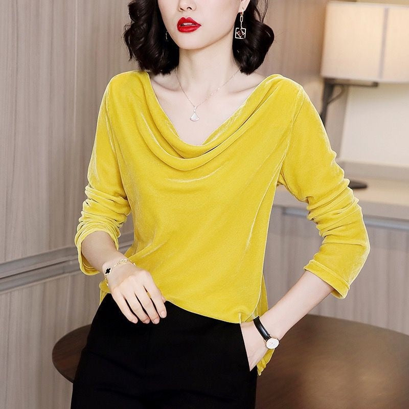 Pleated Collar Velour Long Sleeve Blouse