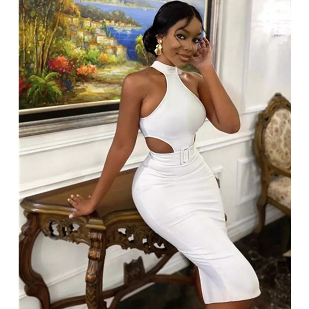 white bodycon bandage dress White Chain-Strap Bodycon Mini Dress Sexy Cutout Bandage Dress Connie Pena