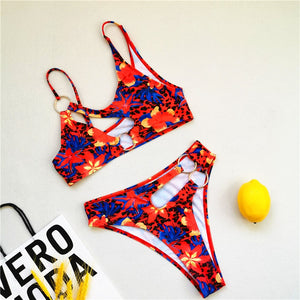 African Style Bikini Bathing Suit Sexy Cut Out Swimwear Chain Ring Swimming Suit