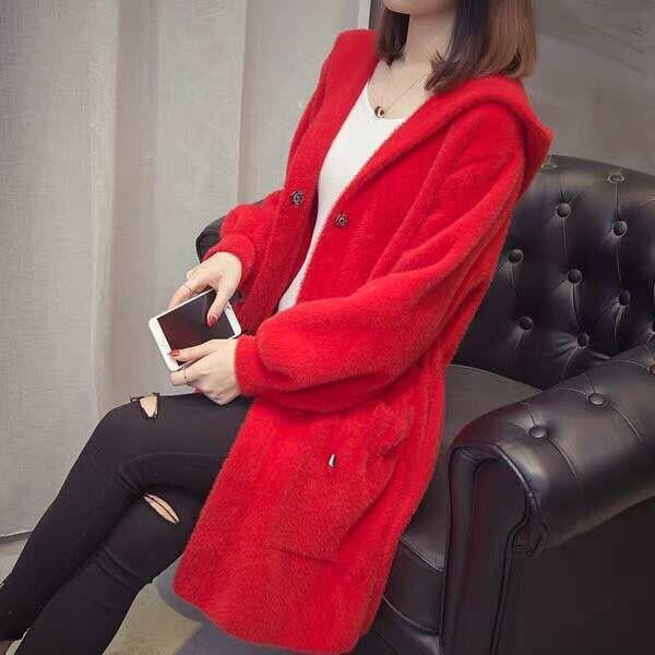 Hooded Loose Long Paragraph Mink Sweater Coat