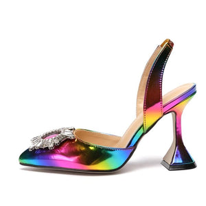Rainbow Color Pointed Toe Sun Style Rhinestone High Heels