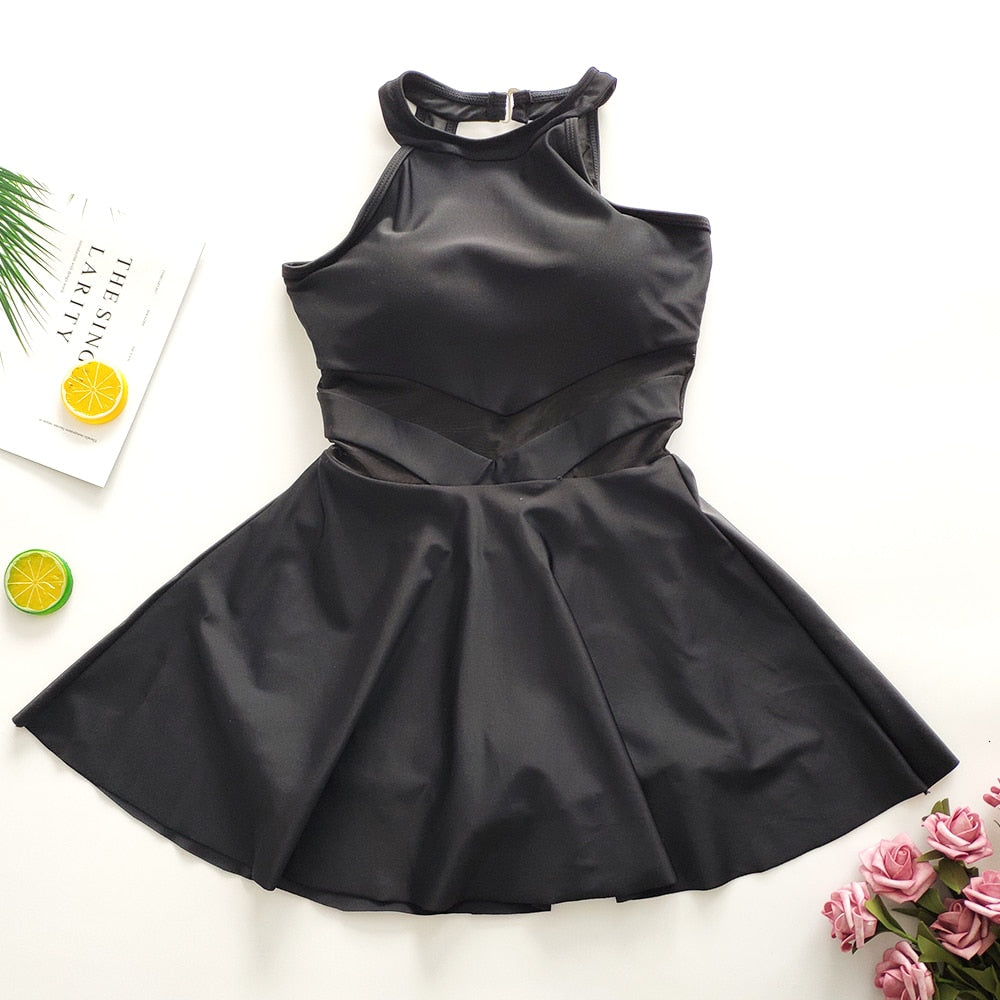 Black High Neck One-piece Swimwear Female Skirt Bathing Suit Padded Push Up Slimming Korean Swim dress Black / L Black High Neck One-piece Swimwear Female Skirt Bathing Suit Padded Push Up Slimming Korean Swim dress Black / L