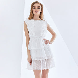 White Patchwork Lace Ruffle Sleeveless High Waist Mesh Polka Dot Dress