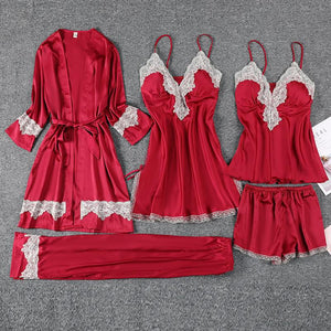 Ladies Sweet Lace Trim 5PCS Satin Pajamas Suit Sexy V-Neck Strap Night Dress Spring Autumn Bathrobe With Bra Sleepwear Homewear