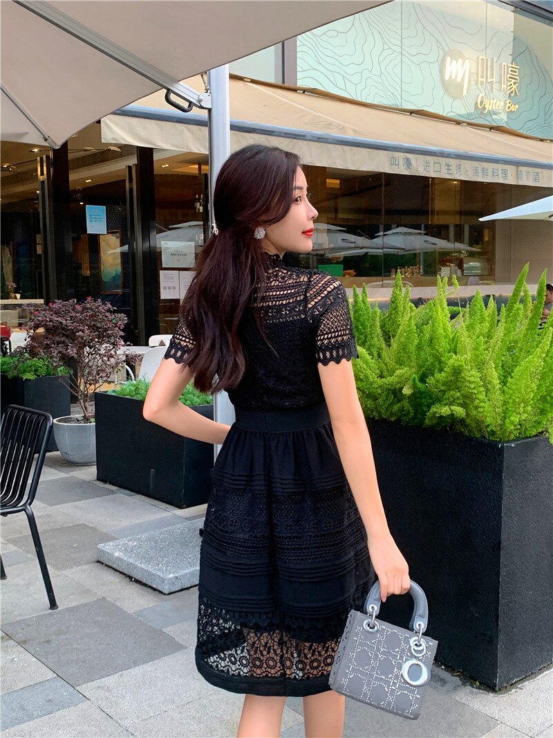 Black lace patchwork O neck Casual Mini Dresses