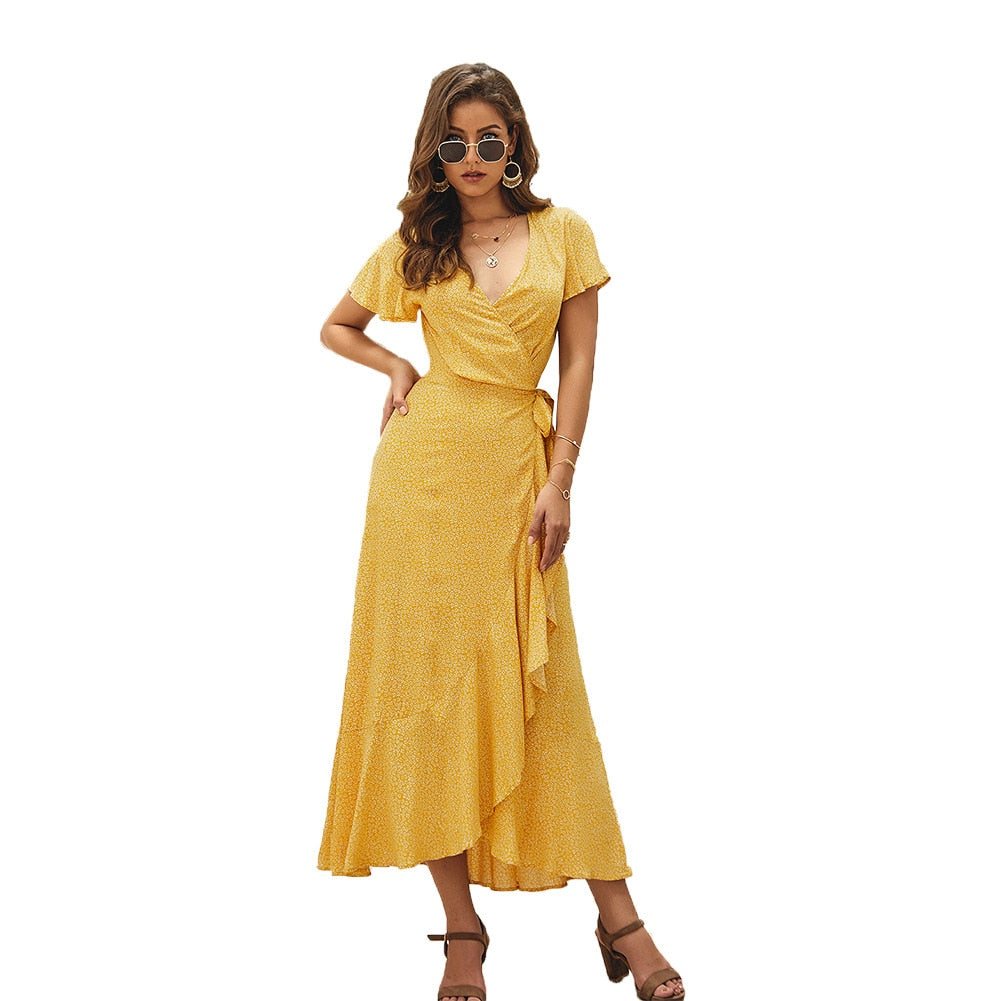 Floral Print Dress Women Short Sleeve Vestido Summer Lace Up Split Sexy Long Dress Leisure Vacation Bohemian Dress Party Clothes Black / L Floral Print Dress Women Short Sleeve Vestido Summer Lace Up Split Sexy Long Dress Leisure Vacation Bohemian Dress Party Clothes Black / L