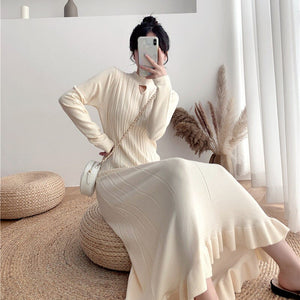 Long Knitted Sweater A-Line Fashion Ruffle Jumper Dresses
