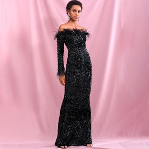 Sexy Black Collar Long Sleeve Feather Decoration Elastic Velvet Sequin Bodycon Party Maxi Dress