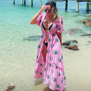 Wrinkle-free Pink Eyes Chiffon Short Sleeve Swim Suit Cover Up