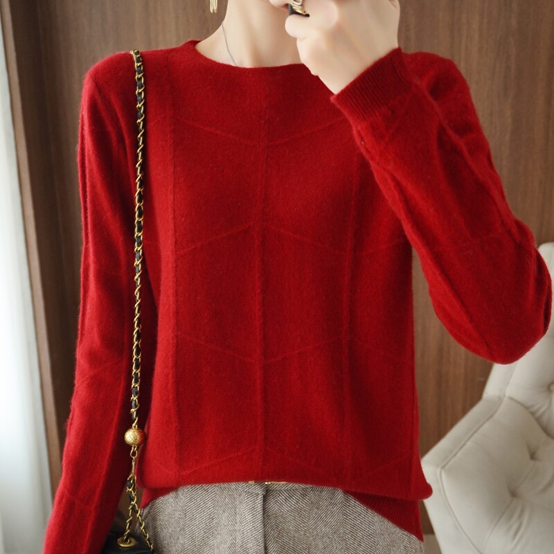 Autumn Winter New Ladies O-neck Long-Sleeved Knitted Pullover Cashmere Wool Checkered Pattern Sweater Casual Slim Bottoming