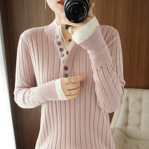 V-neck Pure Color Knitted Slim Sleeve Sweater