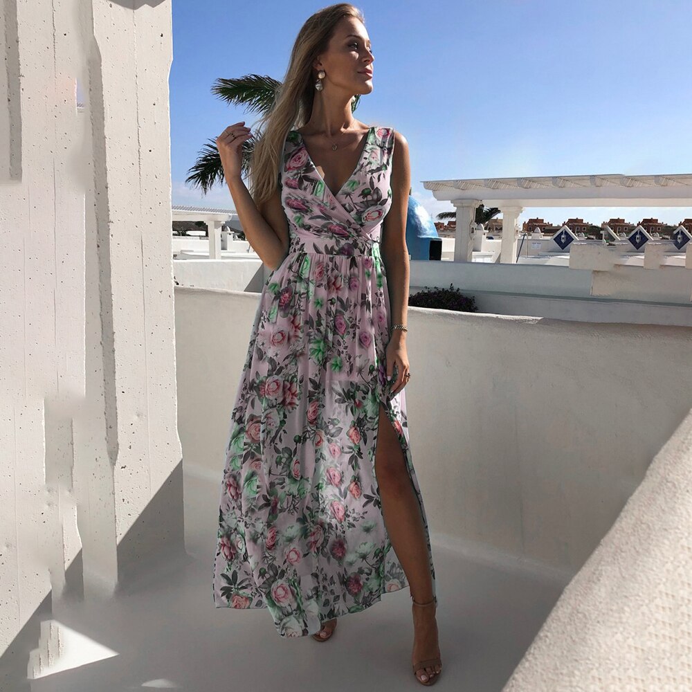 Chiffon Dress Pink Elegant Ladies Flroal Print Split Beach Holiday Long Maxi Dresses For Women Summer Clothes New Arrival 2021